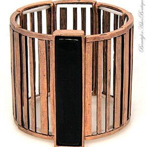 Wide Band Copper Metal with Black Rectangle Stone Giant Stretch Bracelet